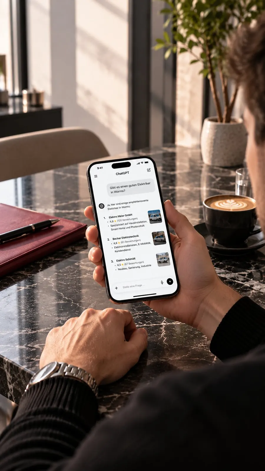 Smartphone mit einer KI-Antwort auf die Frage nach einem Elektriker in Worms